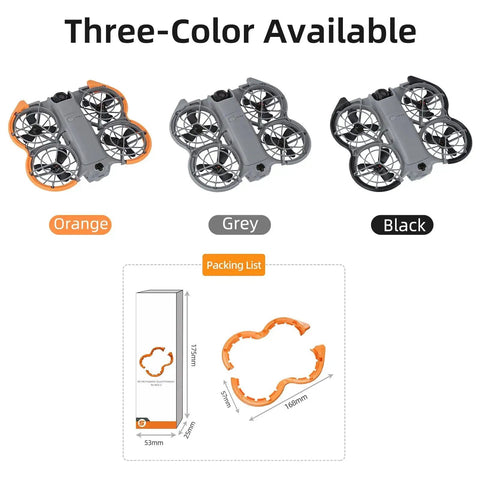 Propeller Guard Protector For DJI Neo 2 Drone Anti Collision Bumper Case Lightweight Shockproof Durable Orange Custom Fit Propeller Shield For Neo 2 Accessories Prevents Collisions And Damage While Flying in three colors with dimensions.