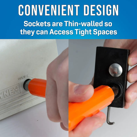 Impact Resistant Hex Can Wrench With 7/16 Inch And 3/8 Inch Hex Sockets used in tight spaces, orange grip
