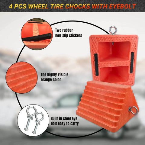Premium 4 Pack Heavy Duty Wheel Chocks With Eyebolt For Travel Trailers Campers Trucks Cars And ATVs All Weather Durable Rubber Block And Polyfoam Construction Orange, showing two rubber non-slip stickers and steel eyebolt.