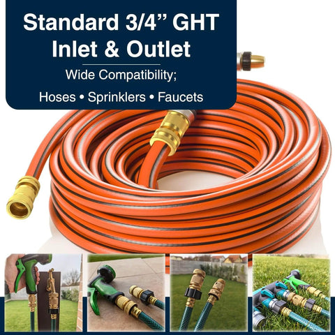 Heavy Duty Brass Hose Quick Connect Set With No Drip Rubber Washers For Three Quarter Inch Fittings Universal Quick Release Water Hose Adapters For Outdoor Use displayed with a coiled orange hose and various connections.