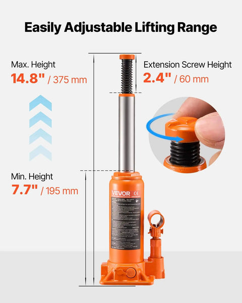 6 Ton Hydraulic Bottle Jack For Cars Trucks SUVs With 7.7 To 14.8 Inch Lifting Range Heavy Duty Welded Body Orange, close-up of adjustment.