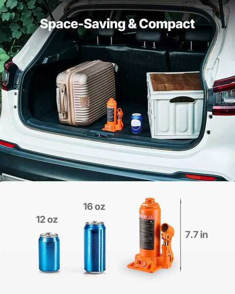 6 Ton Hydraulic Bottle Jack For Cars Trucks SUVs With 7.7 To 14.8 Inch Lifting Range Heavy Duty Welded Body Orange shown in SUV trunk