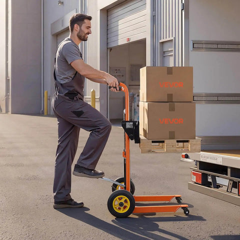 Side view of a person using a Heavy Duty Hydraulic Material Lift Stacker With 450 Lb Load Capacity And 39.4 Inch Lift Height, Orange and Black.