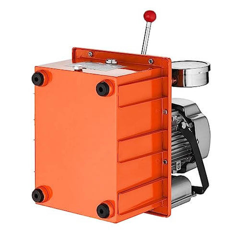 Side view of orange 10000 PSI 750W 110V hydraulic power pack with 8L capacity, double-acting manual valve, lever switch, electric motor.