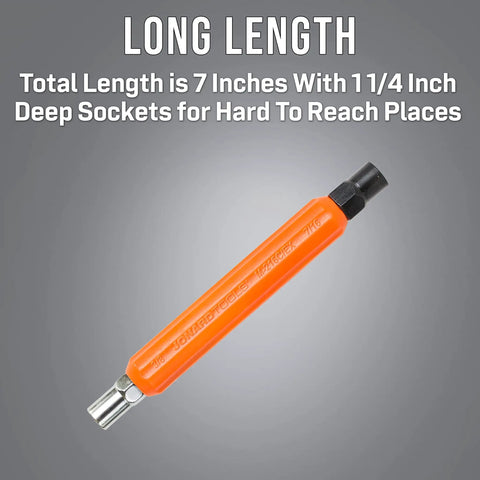 Impact Resistant Hex Can Wrench With 7/16 Inch And 3/8 Inch Hex Sockets, Ergonomic 1 Inch Diameter Handle And 7 Inch Length, Thin Walled Sockets For Tight Spaces, Color Coded Orange Grip, Pro Grade Tool, displayed against a neutral background.