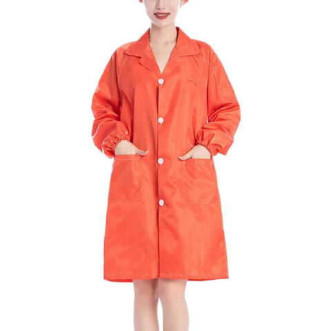 Front view of 12 Pack Orange Lab Coats With Hat For Laboratory, Food Processing, Cleanroom And Industrial Use, Small Size