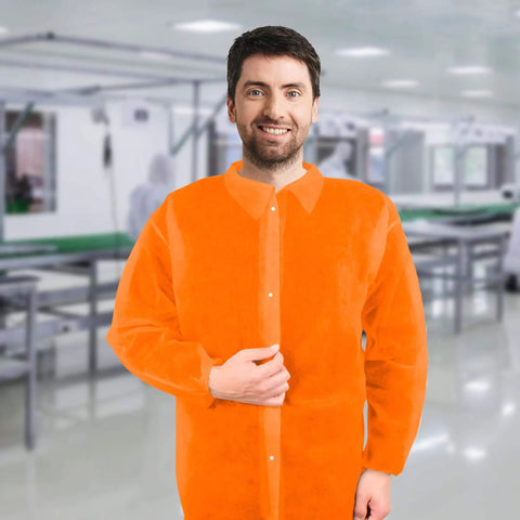 Individual wearing an Orange Disposable Lab Jacket for adults, showcasing snap front and collar in a medical setting.
