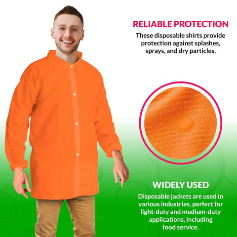 Orange Disposable Lab Jackets For Adults Large Pack Of 30 Pro Grade Polypropylene Medical Coats With Elastic Wrists Snap Front And Collar