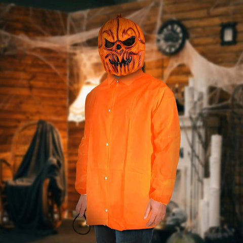 Person wearing Orange Disposable Lab Jackets For Adults Large Pack Of 30 Pro Grade Polypropylene Medical Coats with Halloween mask in a themed room