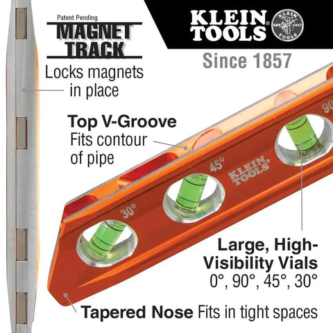 8 Inch Billet Magnetic Torpedo Level With V Groove For Precise 0 30 45 90 Degree Readings Tapered Nose High Visibility Orange Body And Secure Magnet Track For Hands Free Alignment On Metal Surfaces, side and front view with vials