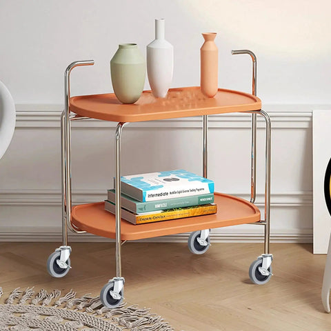 Serving cart with two orange trays on 4 Inch Heavy Duty Swivel Casters With Threaded Stem M8 1.25 X 25mm Locking Castors Set Of 4 For Furniture Workbenches And Carts Non Marking Soft TPR And PVC Wheels Smooth Quiet Roll 360 Degree Rotation Side Brake.