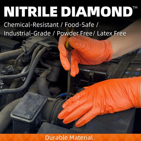 Hands wearing 8 Mil Nitrile Powder Free Gloves Diamond Textured Heavy Duty Orange 100Pcs working on car engine