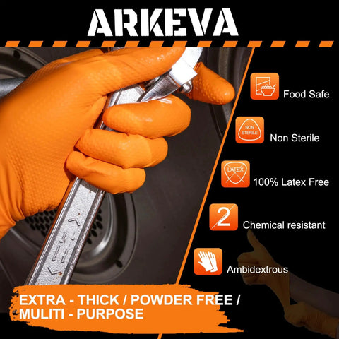 Close-up of 8 Mil Nitrile Disposable Gloves Latex Free With Diamond Texture Tear Resistant gripping a wrench
