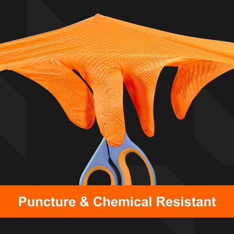 Orange Nitrile Work Gloves 8 Mil Heavy Duty Raised Diamond Grip 5 Boxes demonstrating puncture resistance with scissors