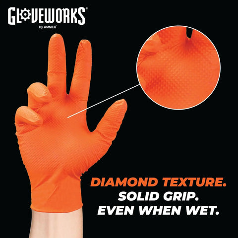 Close-up of Orange Nitrile Work Gloves 8 Mil Heavy Duty Raised Diamond Grip 5 Boxes showcasing texture and solid grip.