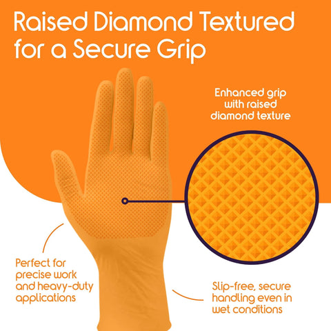Raised diamond textured orange nitrile glove showing grip design, labeled for secure handling, Orange Nitrile Gloves 8 Mil Diamond Textured.
