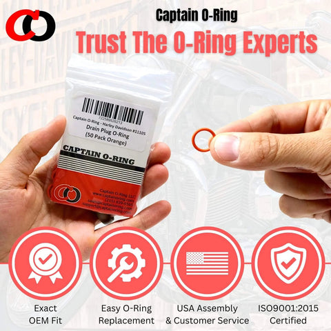 Orange O Ring Replacement For Oil Drain Plugs Number 11105, 50 Pack, in hand with packaging label showing product details.