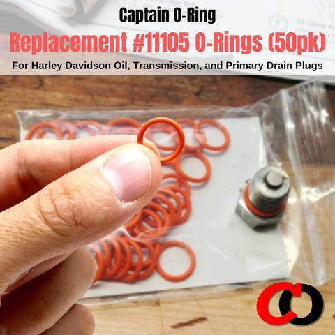Person holding an orange O-Ring #11105 from a 50 pack for oil drain plugs, suitable for engine crankcase, transmission, and primary drains.