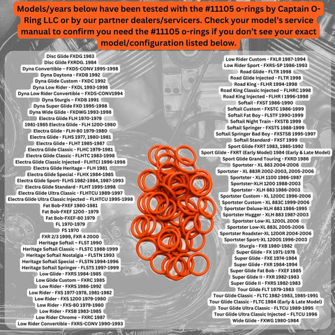Orange O Ring Replacement For Oil Drain Plugs Number 11105, 50 Pack, displayed with motorcycle compatibility chart.