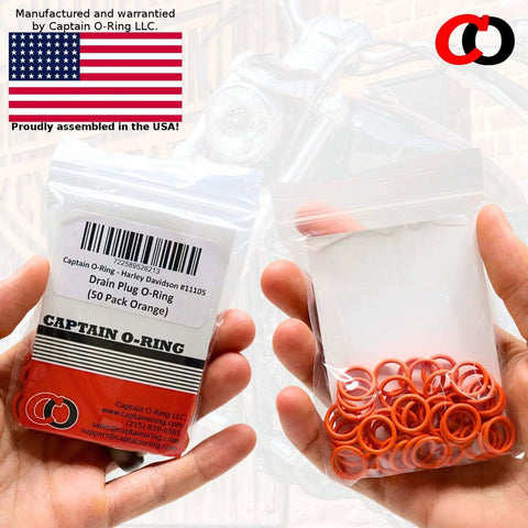 Orange O Ring Replacement For Oil Drain Plugs Number 11105, 50 pack shown in packaging with USA flag backdrop