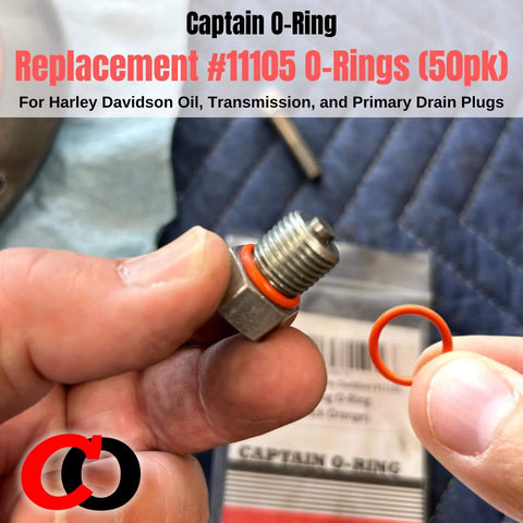 Orange O Ring Replacement For Oil Drain Plugs Number 11105, 50 Pack, in use on engine component with packaging
