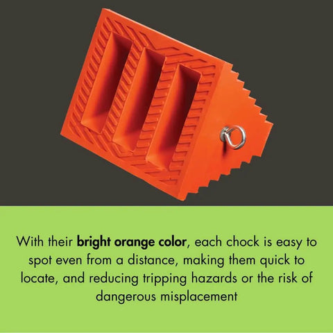 Heavy Duty Wheel Chock For 27 To 32 Inch Tires For Semi Trucks And Trailers, 20,000 Lb Load Capacity, Made In The USA, Durable Polyurethane, UCTS003 Checkers, shown in bright orange with a metal ring