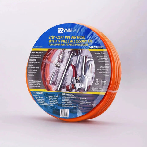 Three Eighth Inch PVC Air Hose Kit 25 Foot With Seventeen Piece Accessory Set Featuring Solid Brass Ends And Dual One Quarter MNPT Connectors