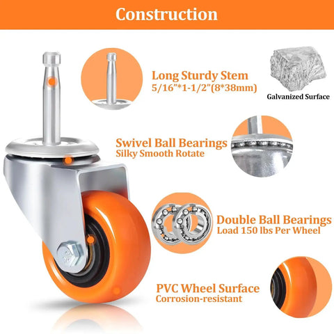Replacement Casters Set Of 4 For Wet Dry Vacuums, 2 Inch Stem, 600 Pound Weight Capacity, 360 Degree Swivel, Orange