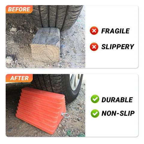 Before and after comparison of a wooden block and an orange Premium 4 Pack Heavy Duty Wheel Chocks With Eyebolt For Travel Trailers Campers Trucks Cars And ATVs All Weather Durable Rubber Block And Polyfoam Construction Orange under a car tire, highlighting durable and non-slip features.
