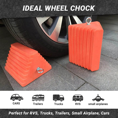 Premium 4 Pack Heavy Duty Wheel Chocks With Eyebolt For Travel Trailers Campers Trucks Cars And ATVs All Weather