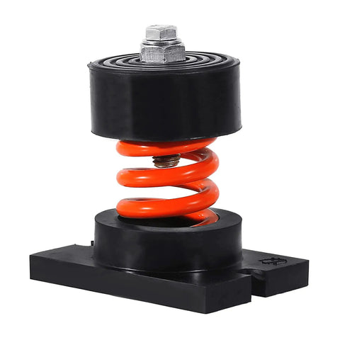 Front view of an orange cup spring mount isolator with neoprene top, part of a pack of 4, for low-frequency vibration isolation, bolt-down base.
