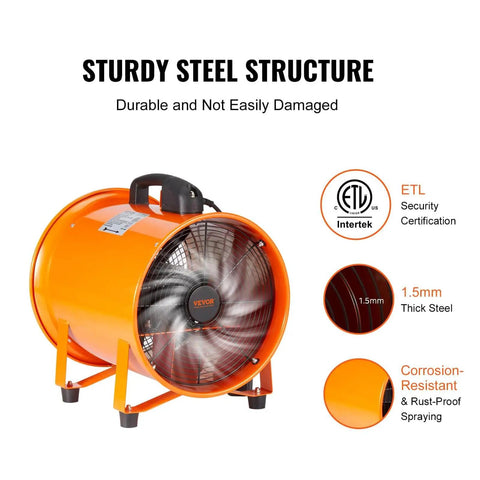 Industrial Portable Air Mover Blower Fan 12 Inch VEVOR 3198 CFM 585W With 33ft Flexible Duct For Ventilation Exhaust Smoke Odor Removal ETL Certified Durable Steel Orange