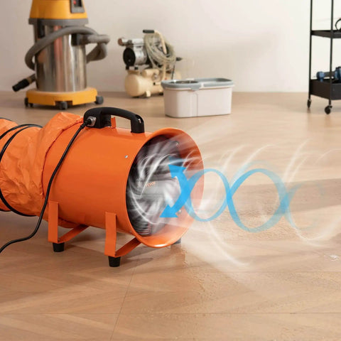 Industrial Portable Air Mover Blower Fan 12 Inch VEVOR 3198 CFM 585W With 33ft Flexible Duct, orange steel in use