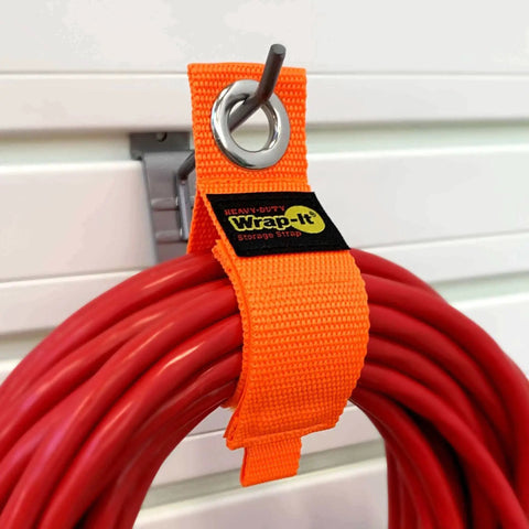 Heavy Duty Wrap It Storage Straps 10 Inch 6 Pack Blaze Orange holding red extension cord on hook