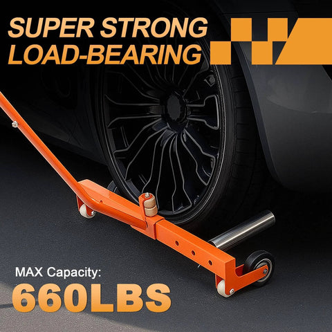 ✝️ Heavy-Duty Adjustable Tire Wheel Dolly for Workshop, Garage, Orange with 660 lbs capacity, shown under car wheel for alignment
