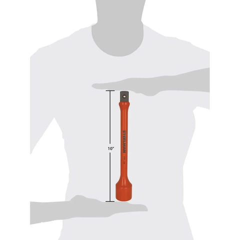 3/4-inch Drive, 175 ft-lb Torque Limiting Impact Extension, orange tool shown vertically between hands indicating 10-inch length