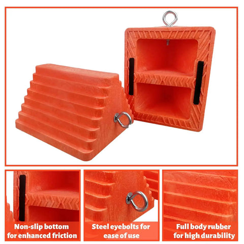 Heavy Duty Orange Wheel Chocks 2 Pack With Eyebolt For Travel Trailer, side and bottom view showing non-slip design and structural foam.
