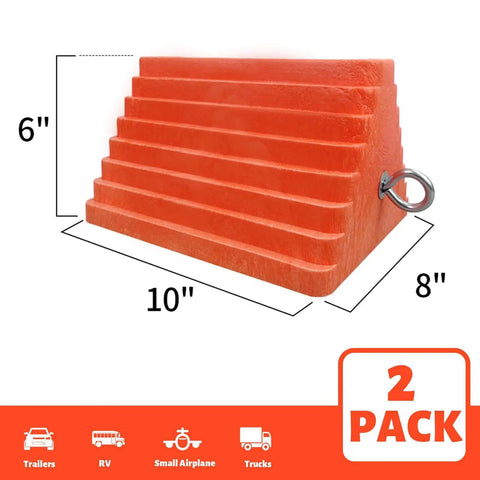 Heavy Duty Orange Wheel Chocks 2 Pack With Eyebolt For Travel Trailer 10 Inch Long 8 Inch Wide 5.7 Inch High Durable Structural Foam Chocks For Safe Parking