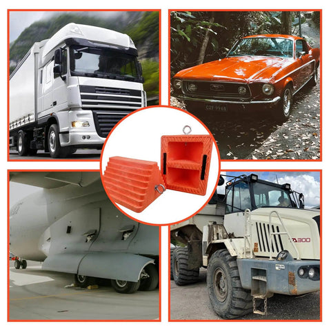 Heavy Duty Orange Wheel Chocks 2 Pack With Eyebolt For Travel Trailer shown near vehicles for secure parking