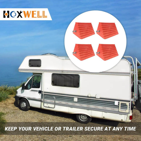 Premium 4 Pack Heavy Duty Wheel Chocks With Eyebolt for travel trailers, campers, and vehicles, orange rubber and polyfoam.