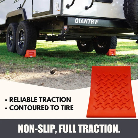 Heavy Duty Wheel Chocks Two Pack That Prevents Movement On Slopes For Boat Trailers RVs Trucks And Campers All Weather Non Slip Solid Rubber With Orange Color By SecurityMan installed under RV