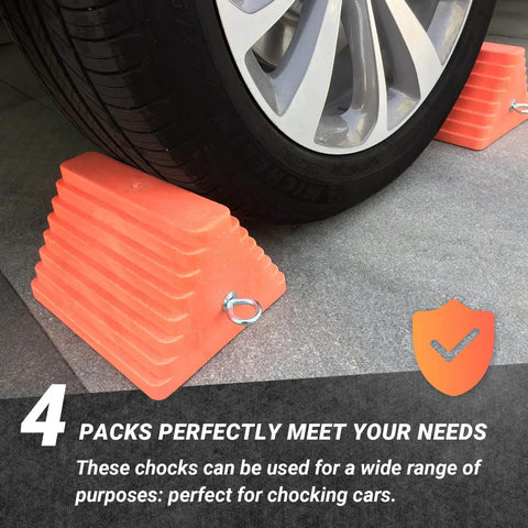 Premium 4 Pack Heavy Duty Wheel Chocks With Eyebolt For Travel Trailers Campers Trucks Cars And ATVs All Weather Durable Rubber Block And Polyfoam Construction Orange, installed on car tire