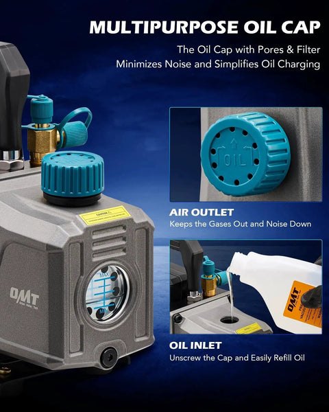 Pro Grade HVAC Vacuum Pump For Auto And Home Use, 3.5 CFM, 1/4 HP Single Stage, Oil Included, features multipurpose oil cap
