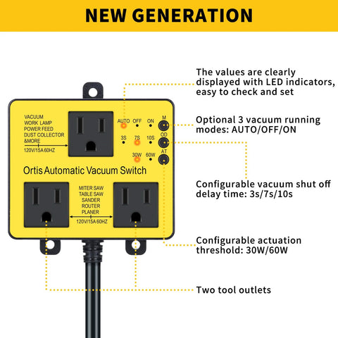 Ortis Automatic Vacuum Switch with extra outlet, yellow panel, 120V, Amazon brand