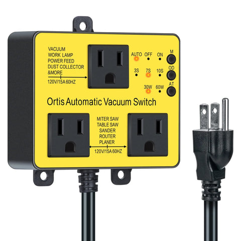 Ortis automatic vacuum switch with yellow housing, two 120V outlets for powering tools