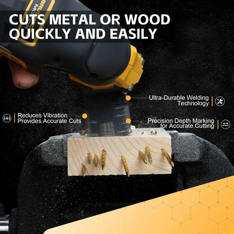 Oscillating Saw Blades 55 Piece Titanium Universal Set cutting wood in vice, highlighting precise cutting on metal and wood