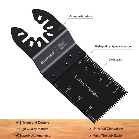 Oscillating Saw Blades 55 Piece Titanium Universal Set for Wood Plastic Metal with quick release interface and clear scale.