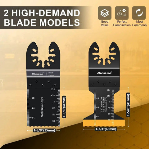 Front view of Oscillating Saw Blades 55 Piece Titanium Universal Set For Wood Plastic Metal with two blade types displayed.