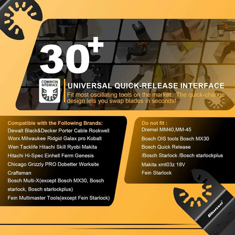 Oscillating Saw Blades 55 Piece Titanium Universal Set compatible with multiple tool brands, shown with quick-release interface.