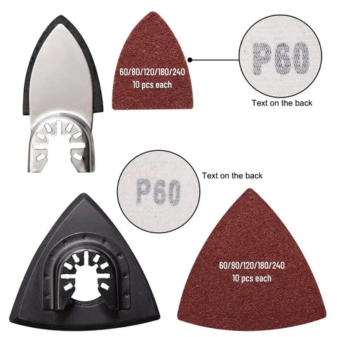 Oscillating Tool Sanding Pads Kit With Triangle And Finger Pads 100 Pcs Grit Set showing triangle and finger pad with grit labels